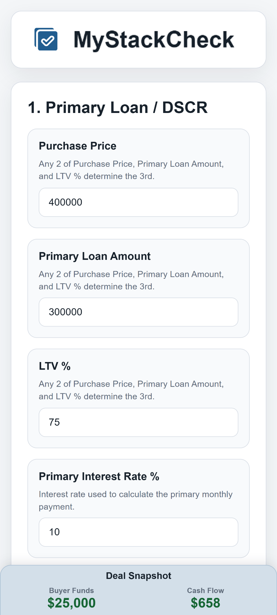 MyStackCheck beta calculator mobile preview showing loan inputs and deal snapshot